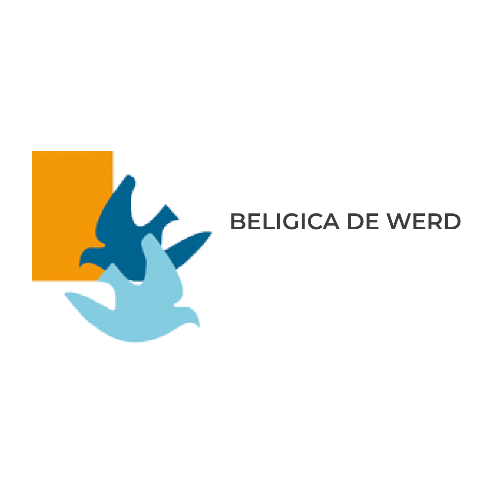 Logo przedstawia trzy stylizowane, lecące ptaki w odcieniach niebieskiego (ciemniejszy i jaśniejszy), częściowo zakryte pomarańczowym kwadratem w lewym górnym rogu. Po prawej stronie widnieje napis "BELIGICA DE WEERD" w ciemnoszarym kolorze. Całość umieszczona jest na białym tle.