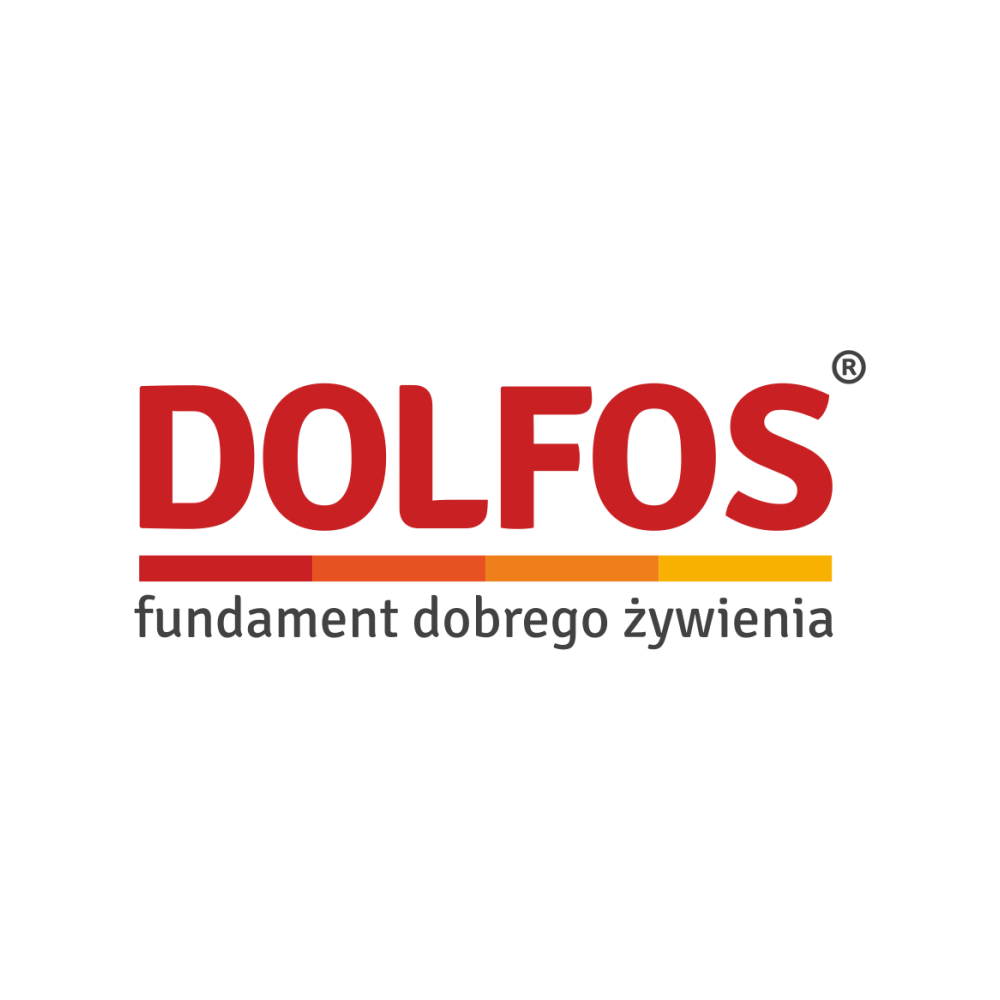 Grafika Dolfos: Logo firmy z dużym, czerwonym napisem "DOLFOS" z symbolem ®. Pod napisem znajduje się kolorowy pasek z przejściem barw od czerwonej do żółtej, a poniżej szary slogan "fundament dobrego żywienia", wszystko na białym tle.