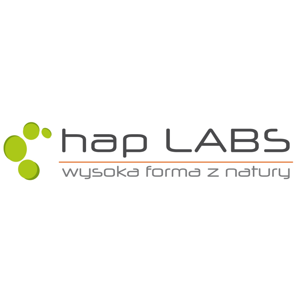 Logo Hap Labs: Logo przedstawia stylizowaną literę "h" z kropką zastąpioną grupą czterech zielonych kół o różnej wielkości. Obok znajduje się szary napis "hap LABS", a pod nim cienka, pomarańczowa linia i szary tekst "wysoka forma z natury". Całość na białym tle.