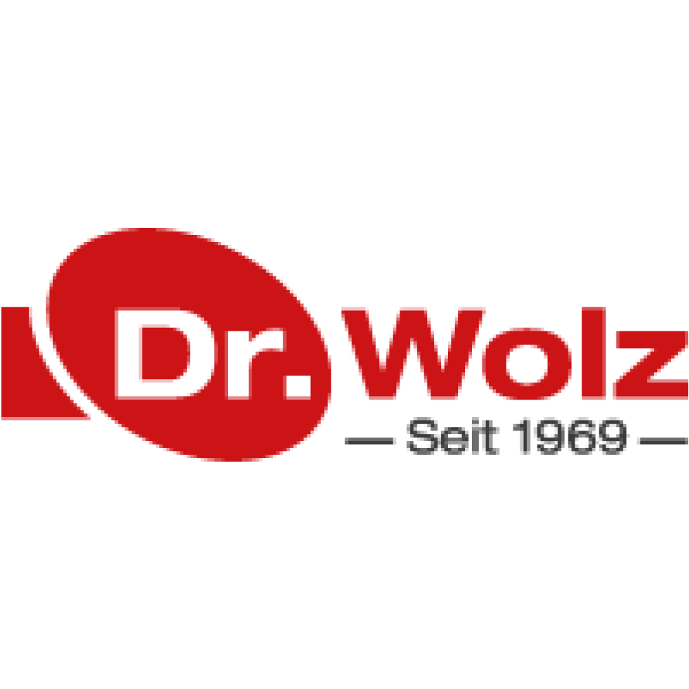Logo Dr. Wolz: Czerwone, owalne logo z białym napisem "Dr. Wolz" po prawej stronie. Pod napisem znajduje się mniejszy, szary napis "- Seit 1969 -"