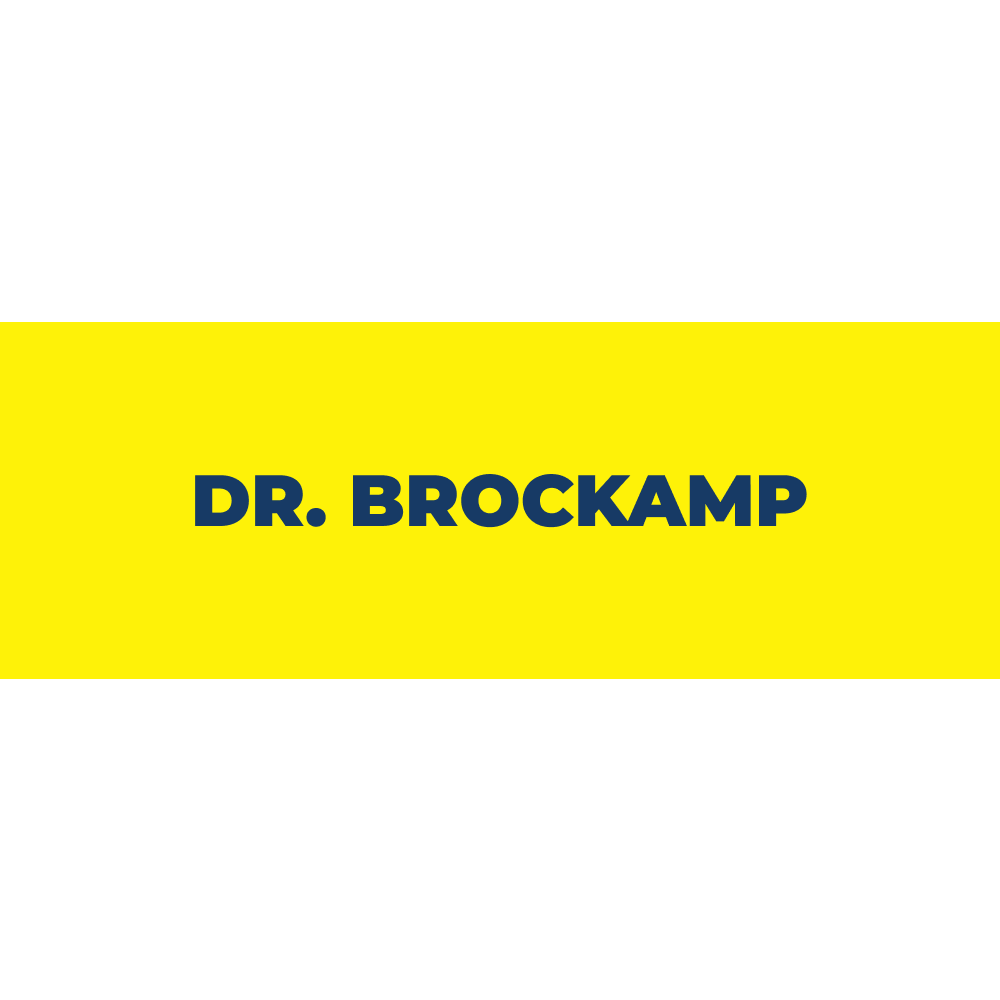 Niebieski, pogrubiony napis "DR. BROCKAMP" na jasnym, żółtym tle.